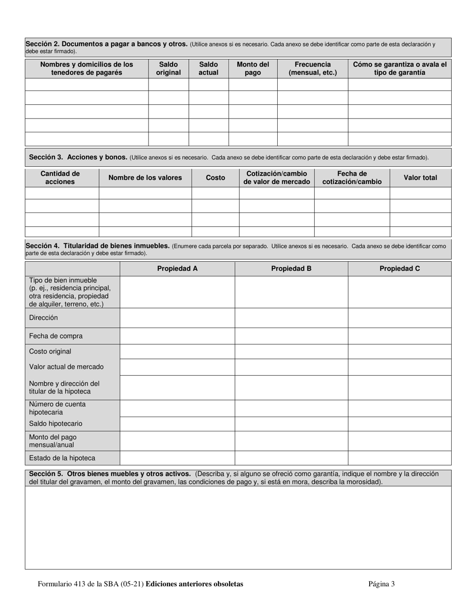SBA Formulario 413 Declaracion Financiera Personal (Spanish), Page 3