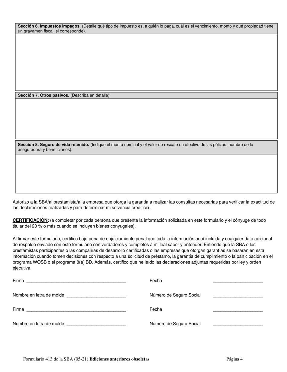 SBA Formulario 413 Declaracion Financiera Personal (Spanish), Page 4