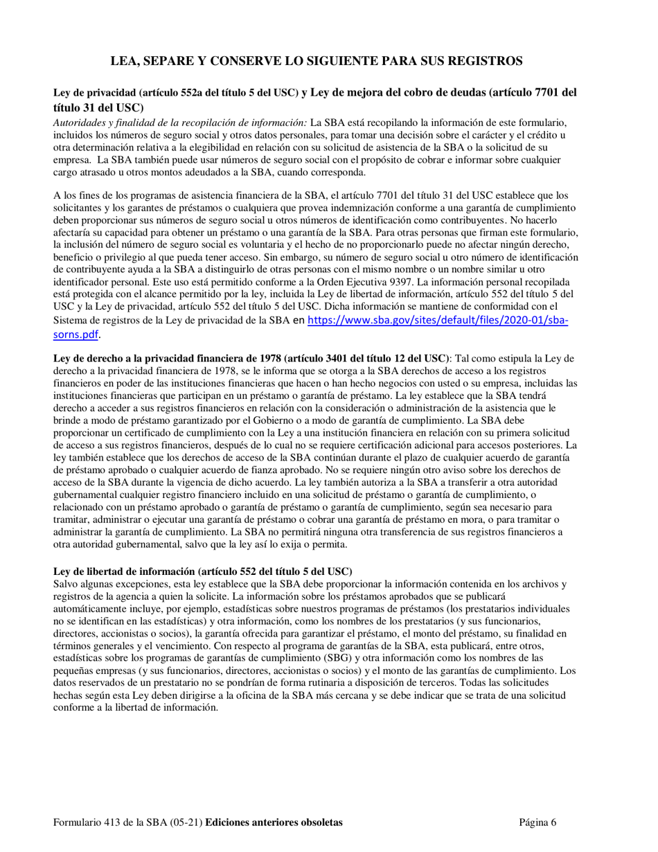 SBA Formulario 413 Declaracion Financiera Personal (Spanish), Page 6
