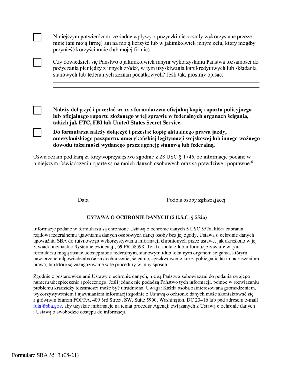 SBA Form 3513 Declaration of Identity Theft (Polish), Page 3