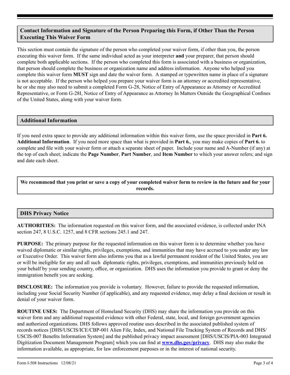 Instructions for USCIS Form I-508 Waiver of Certain Rights, Privileges, Exemptions, and Immunities, Page 3