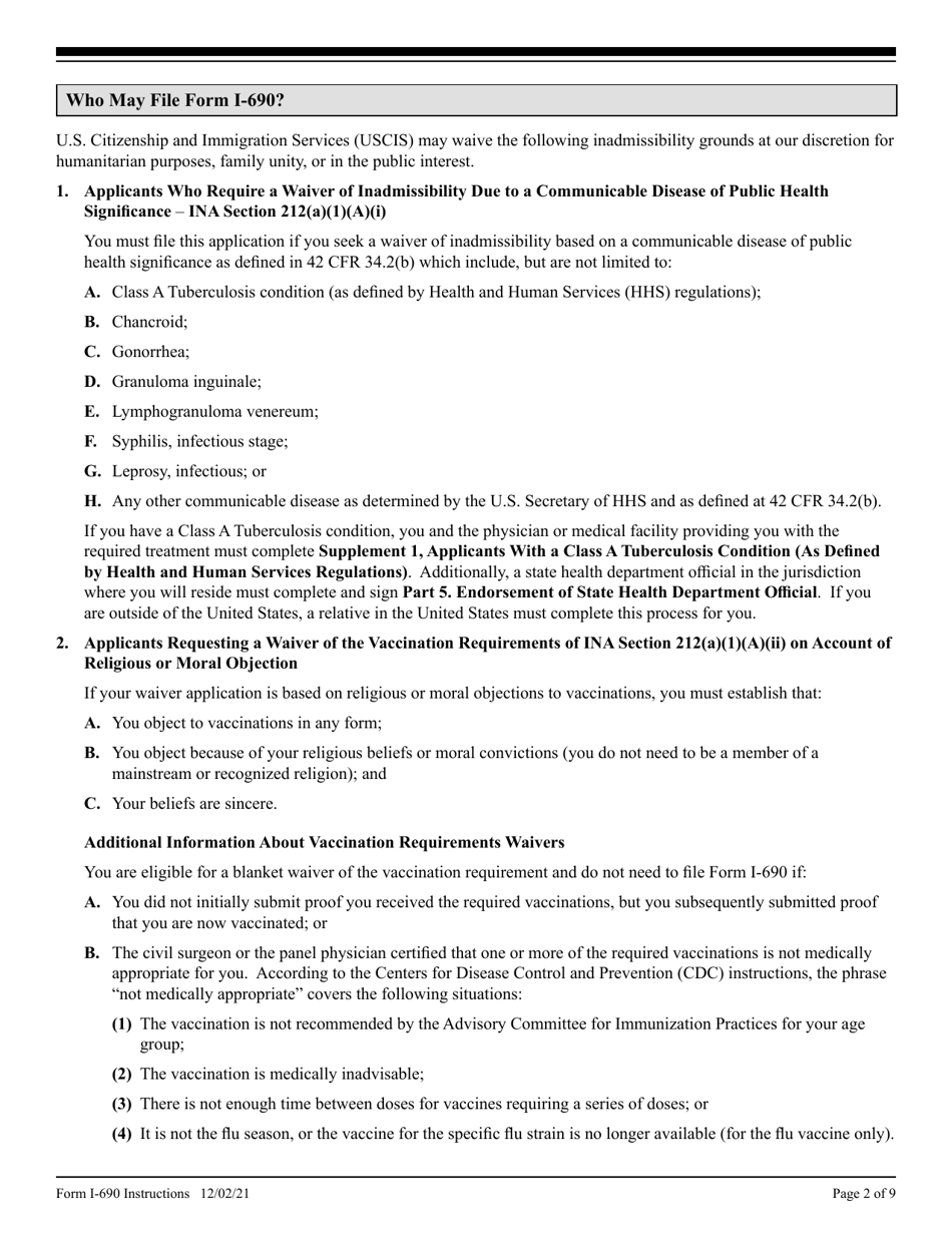 Instructions for USCIS Form I-690 Application for Waiver of Grounds of Inadmissibility Under Sections 245a or 210 of the Immigration and Nationality Act, Page 2
