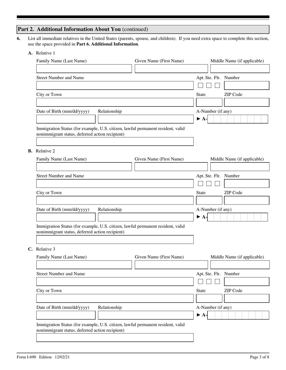 USCIS Form I-690 Application for Waiver of Grounds of Inadmissibility Under Sections 245a or 210 of the Immigration and Nationality Act, Page 3