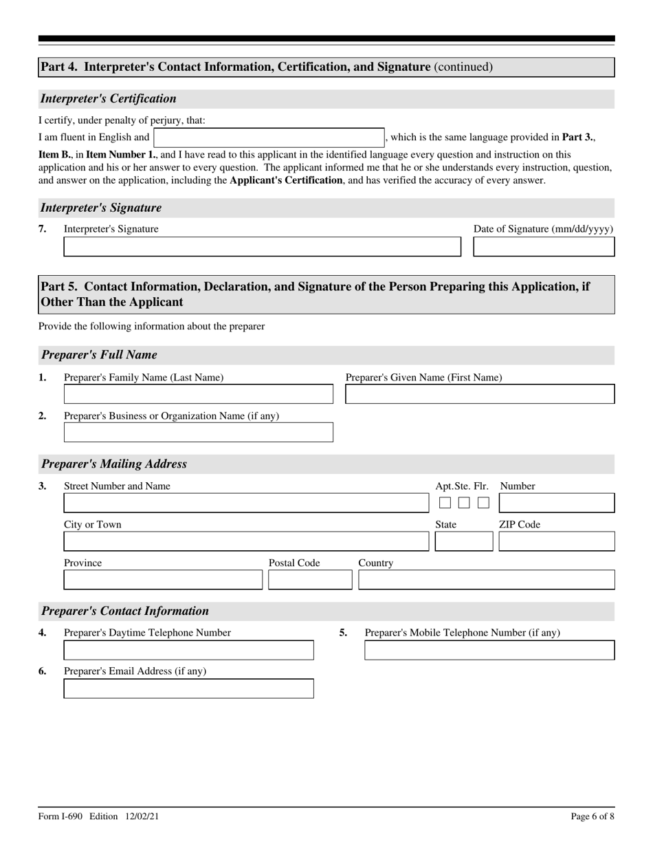 USCIS Form I-690 Application for Waiver of Grounds of Inadmissibility Under Sections 245a or 210 of the Immigration and Nationality Act, Page 6
