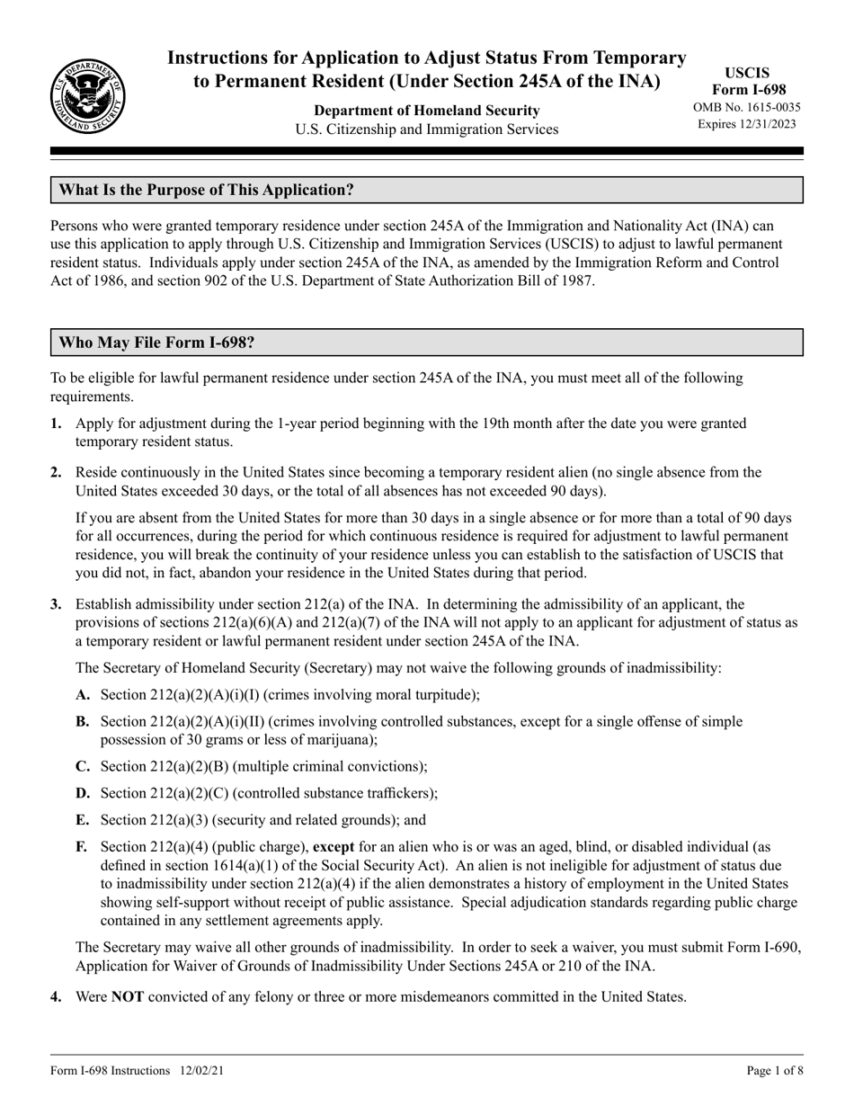 Instructions for USCIS Form I-698 Application to Adjust Status From Temporary to Permanent Resident (Under Section 245a of the Ina), Page 1