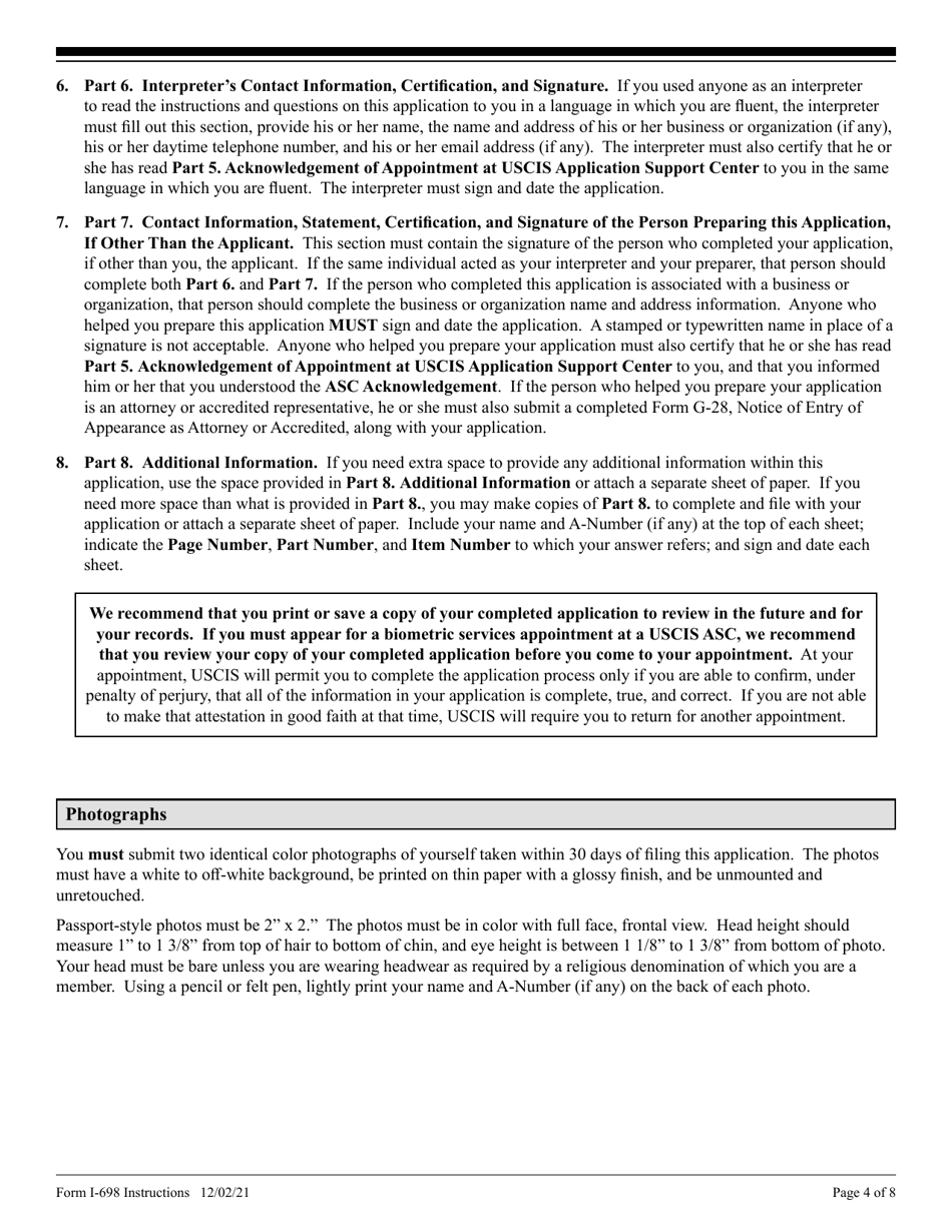 Download Instructions for USCIS Form I698 Application to Adjust Status