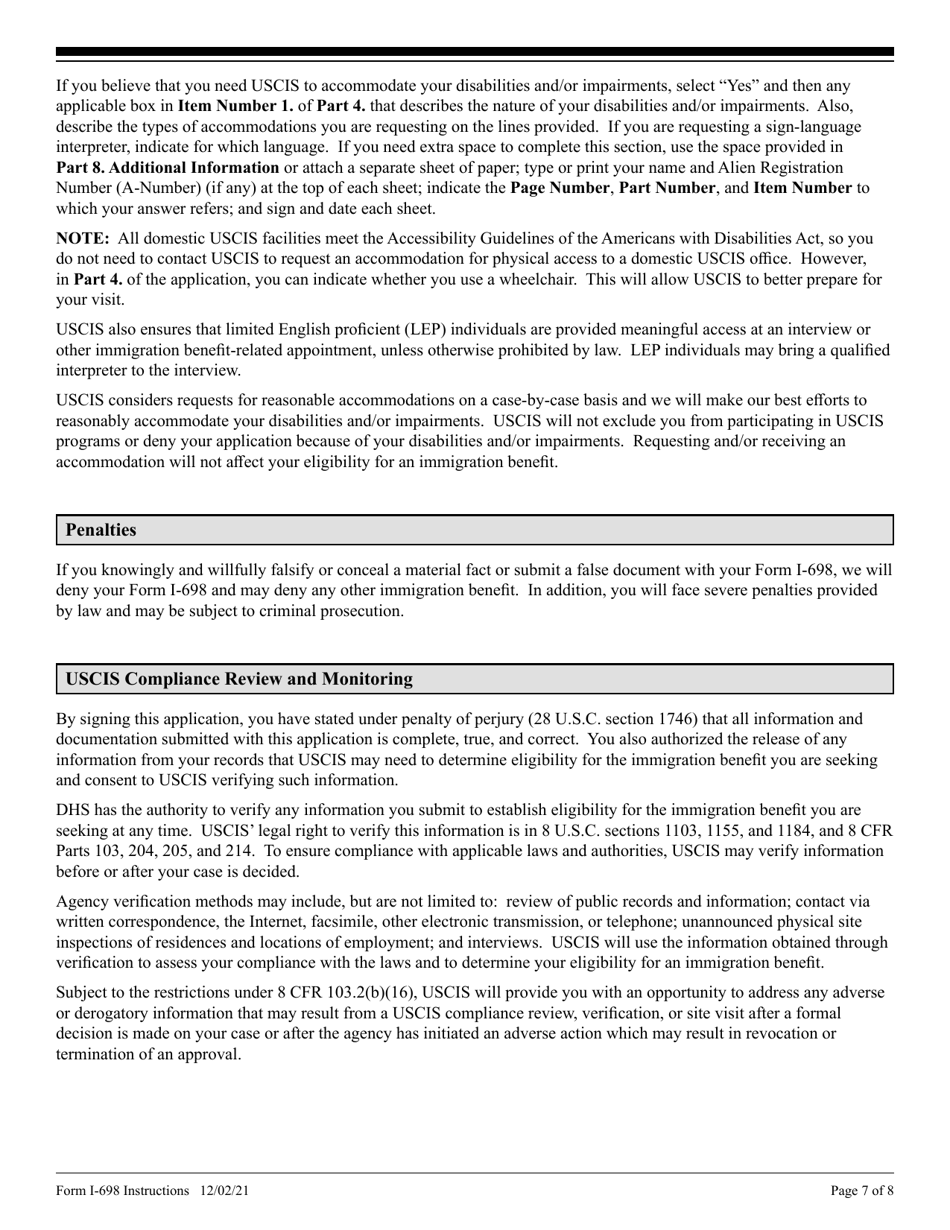 Instructions for USCIS Form I-698 Application to Adjust Status From Temporary to Permanent Resident (Under Section 245a of the Ina), Page 7