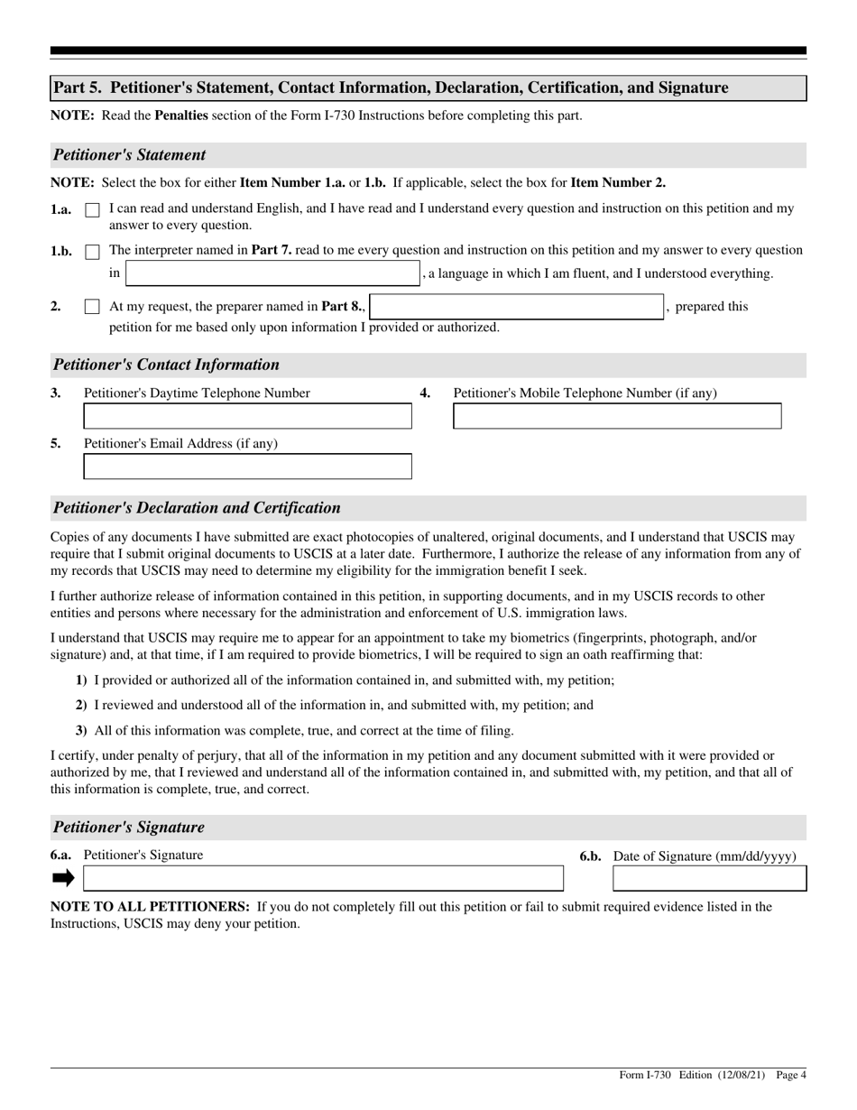 USCIS Form I-730 Download Fillable PDF Or Fill Online Refugee/Asylee ...