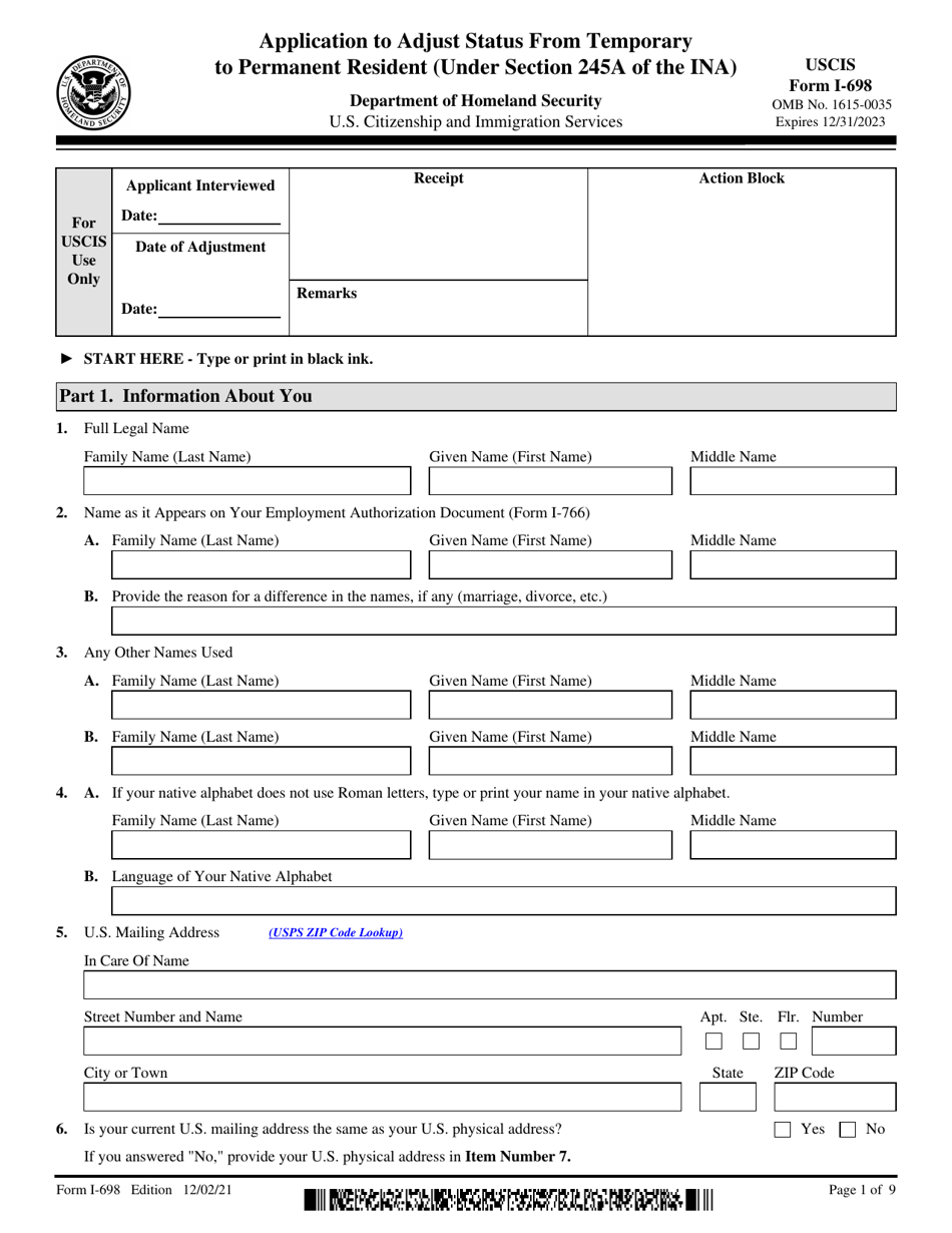 USCIS Form I-698 Application to Adjust Status From Temporary to Permanent Resident (Under Section 245a of the Ina), Page 1
