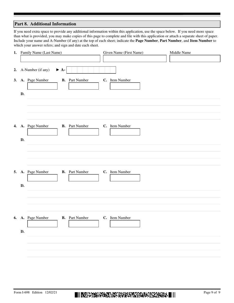 USCIS Form I-698 Application to Adjust Status From Temporary to Permanent Resident (Under Section 245a of the Ina), Page 9