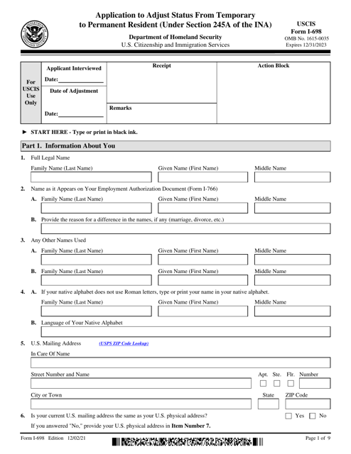 USCIS Form I-698  Printable Pdf