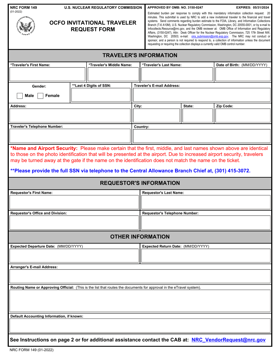 NRC Form 149 Ocfo Invitational Traveler Request Form, Page 1