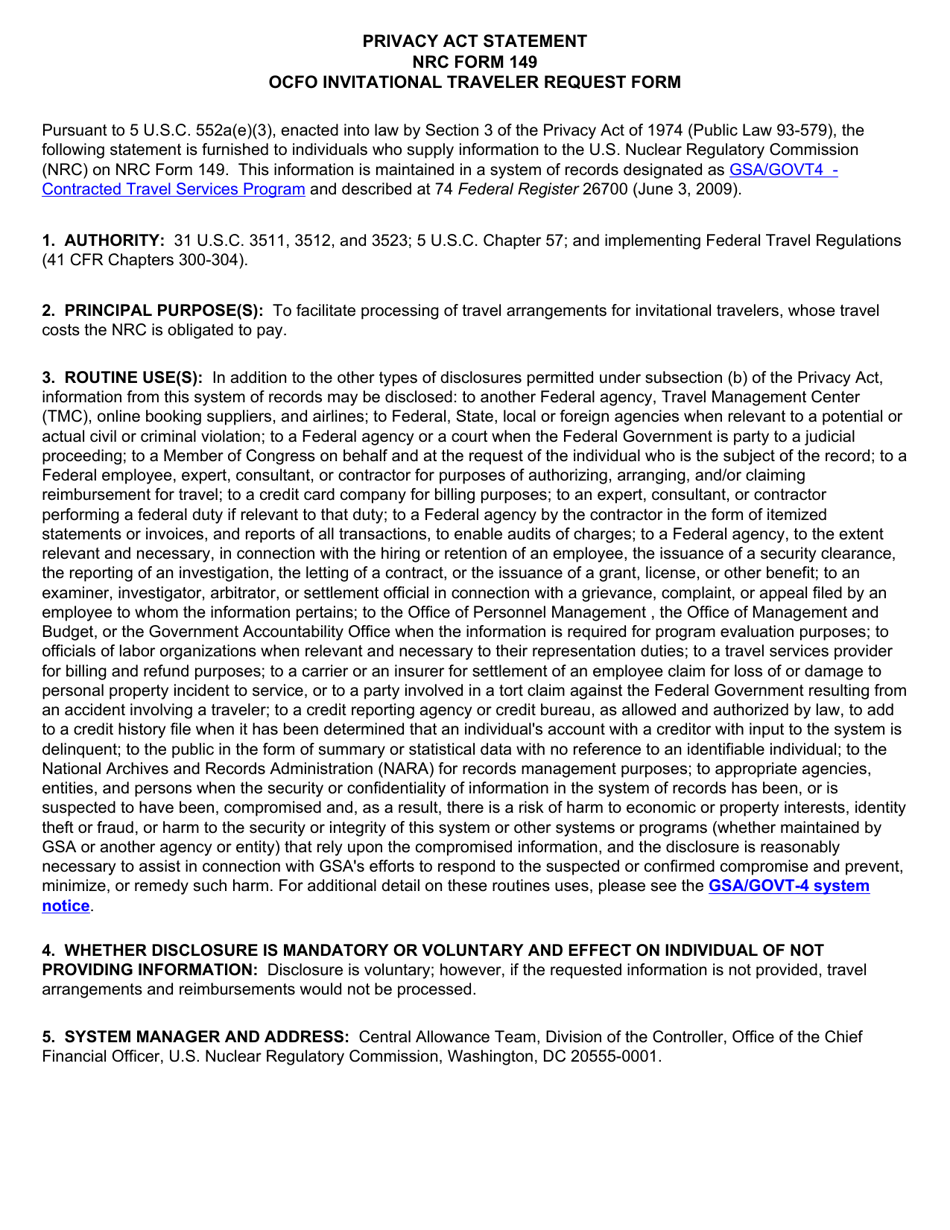 NRC Form 149 Ocfo Invitational Traveler Request Form, Page 3