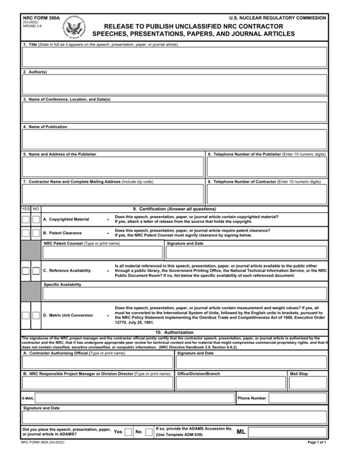 NRC Form 390A  Printable Pdf