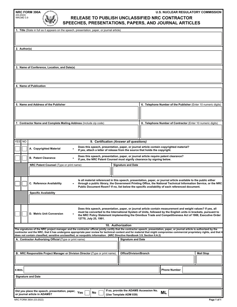 NRC Form 390A Release to Publish Unclassified NRC Contractor Speeches, Presentations, Papers, and Journal Articles, Page 1