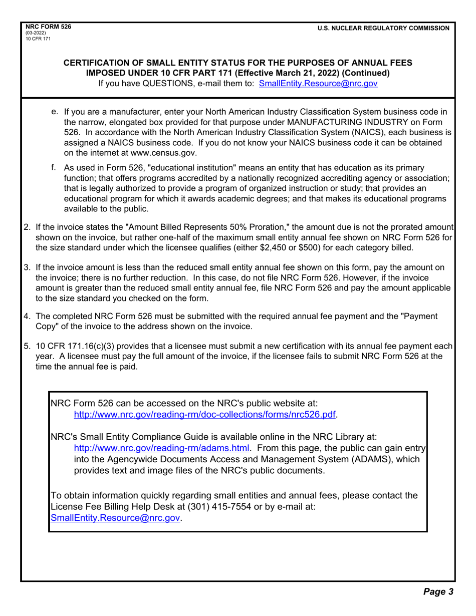 NRC Form 526 Certification of Small Entity Status for the Purposes of Annual Fees Imposed Under 10 Cfr Part 171, Page 3