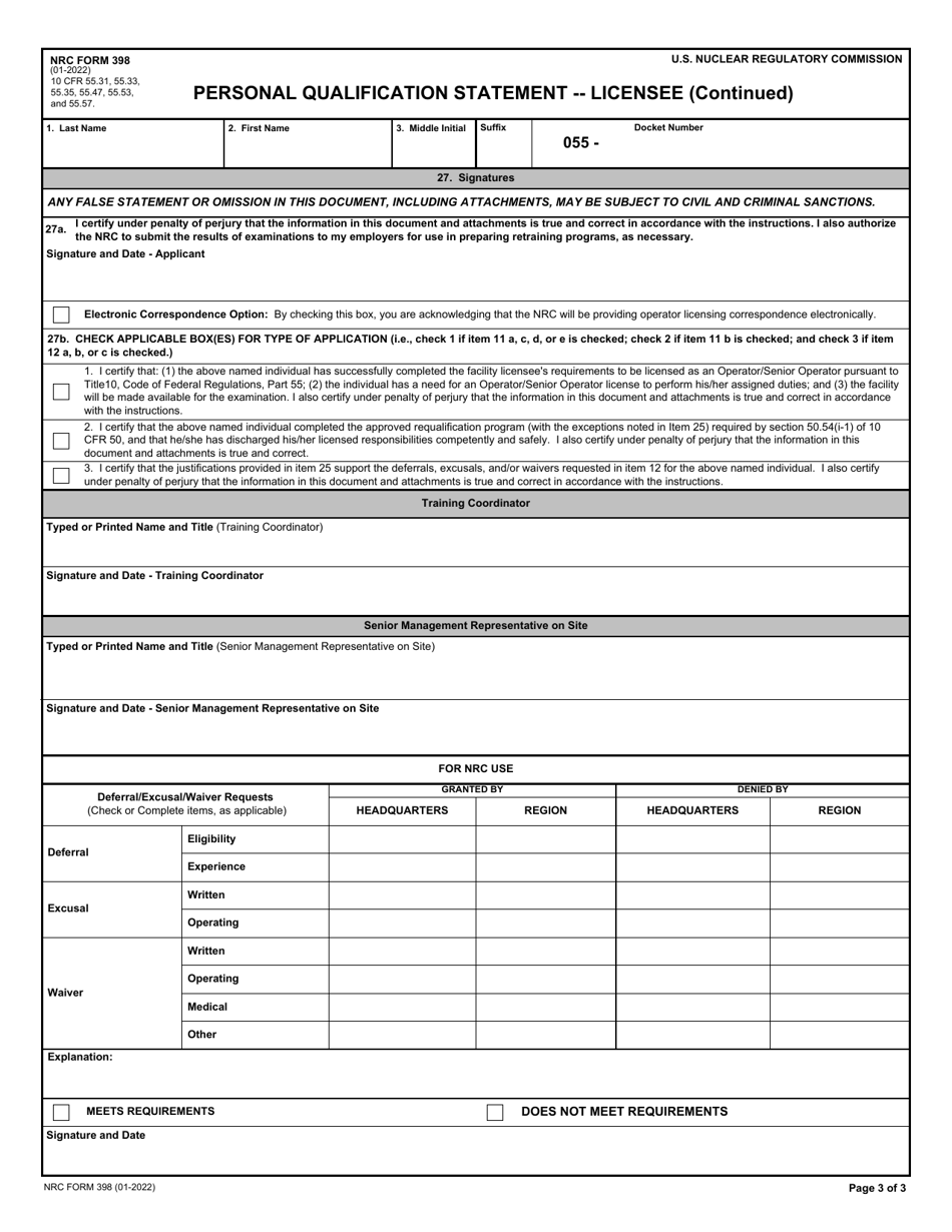 NRC Form 398 Personal Qualification Statement - Licensee, Page 3