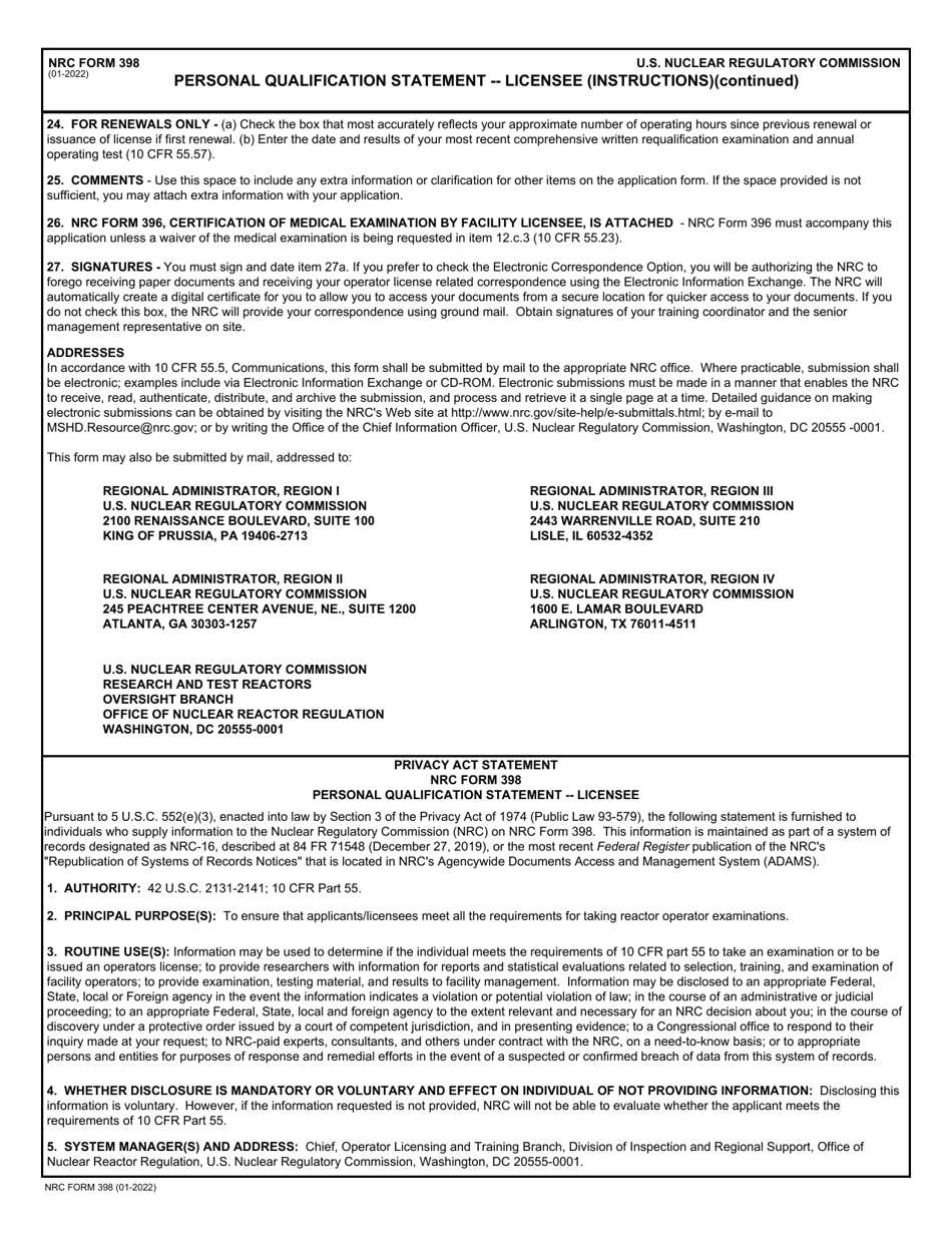 NRC Form 398 Personal Qualification Statement - Licensee, Page 5
