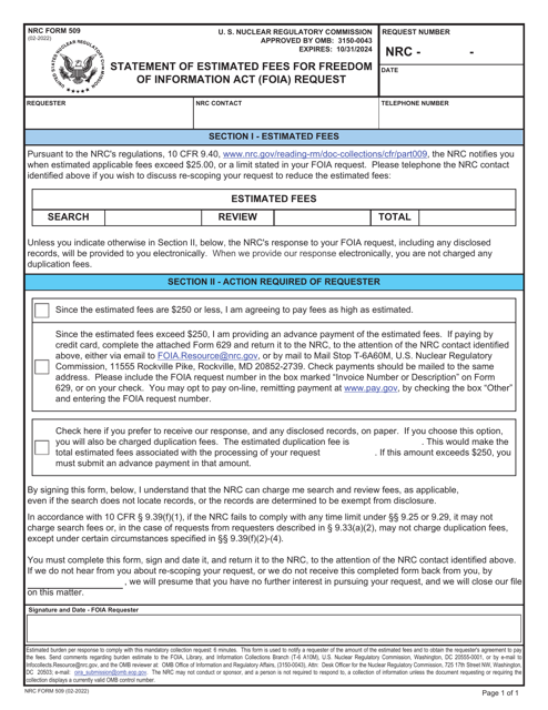 NRC Form 509  Printable Pdf