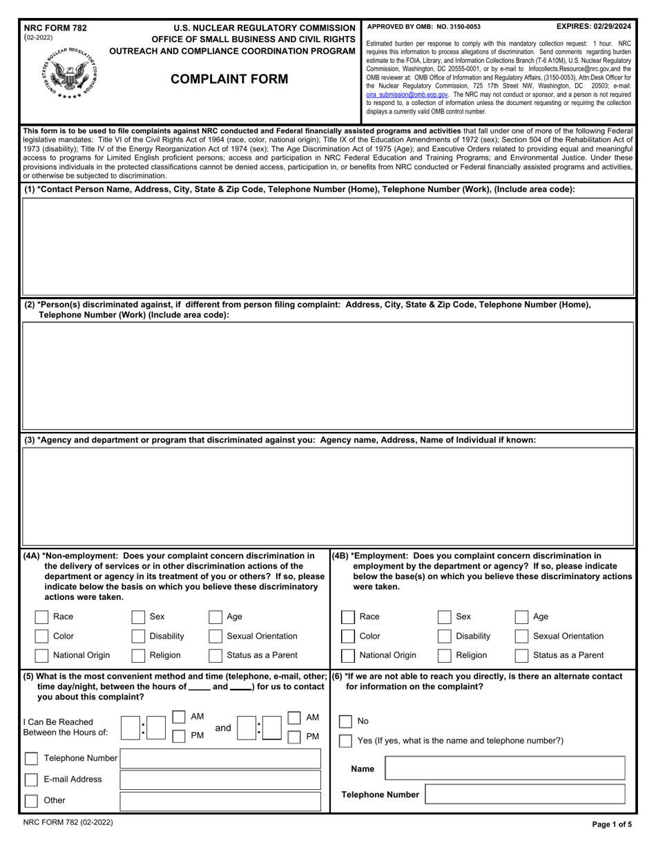 NRC Form 782 Complaint Form - Outreach and Compliance Coordination Program, Page 1
