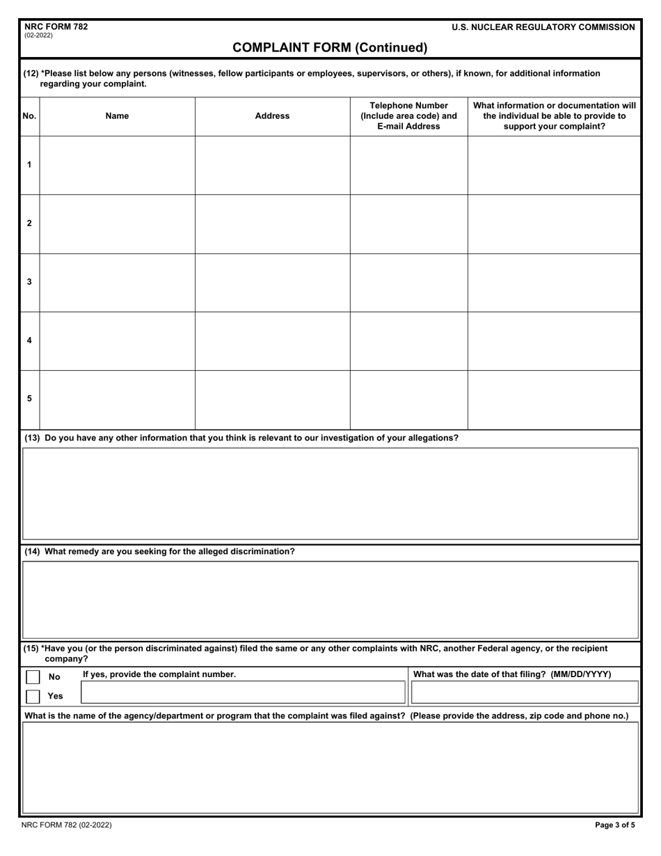 NRC Form 782 Complaint Form - Outreach and Compliance Coordination Program, Page 3