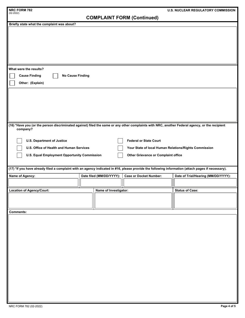 NRC Form 782 Complaint Form - Outreach and Compliance Coordination Program, Page 4