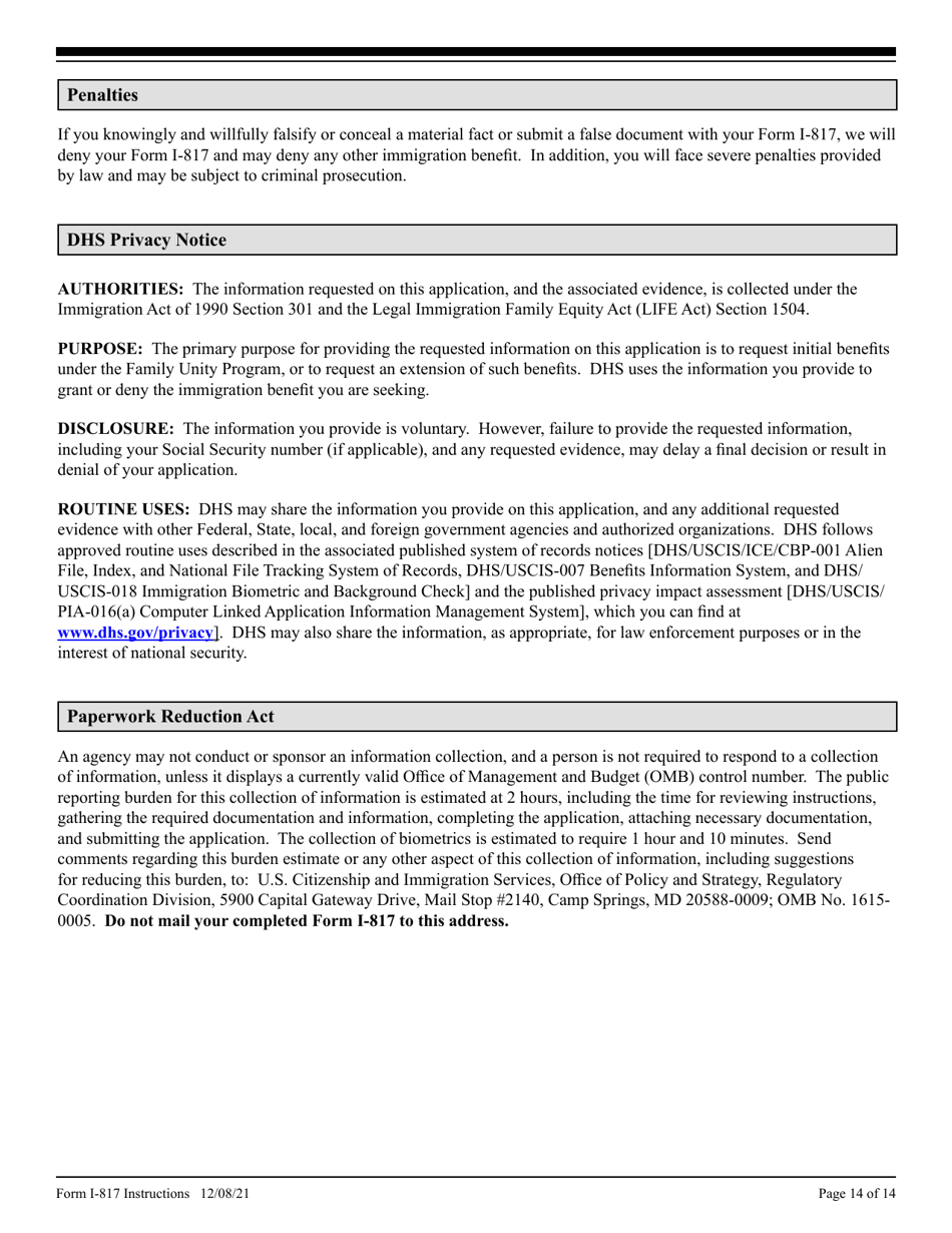 Instructions for USCIS Form I-817 Application for Family Unity Benefits, Page 14