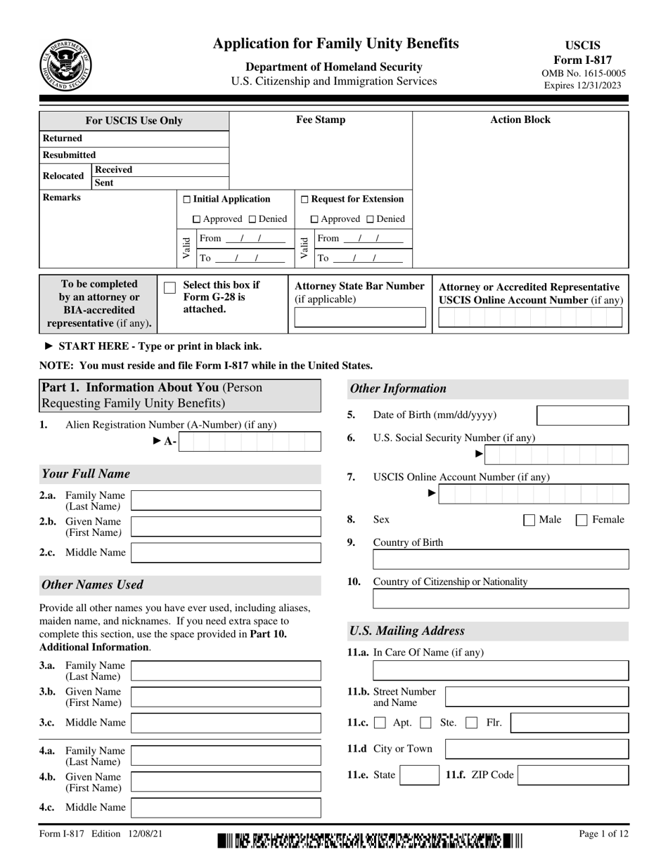 USCIS Form I-817 Application for Family Unity Benefits, Page 1
