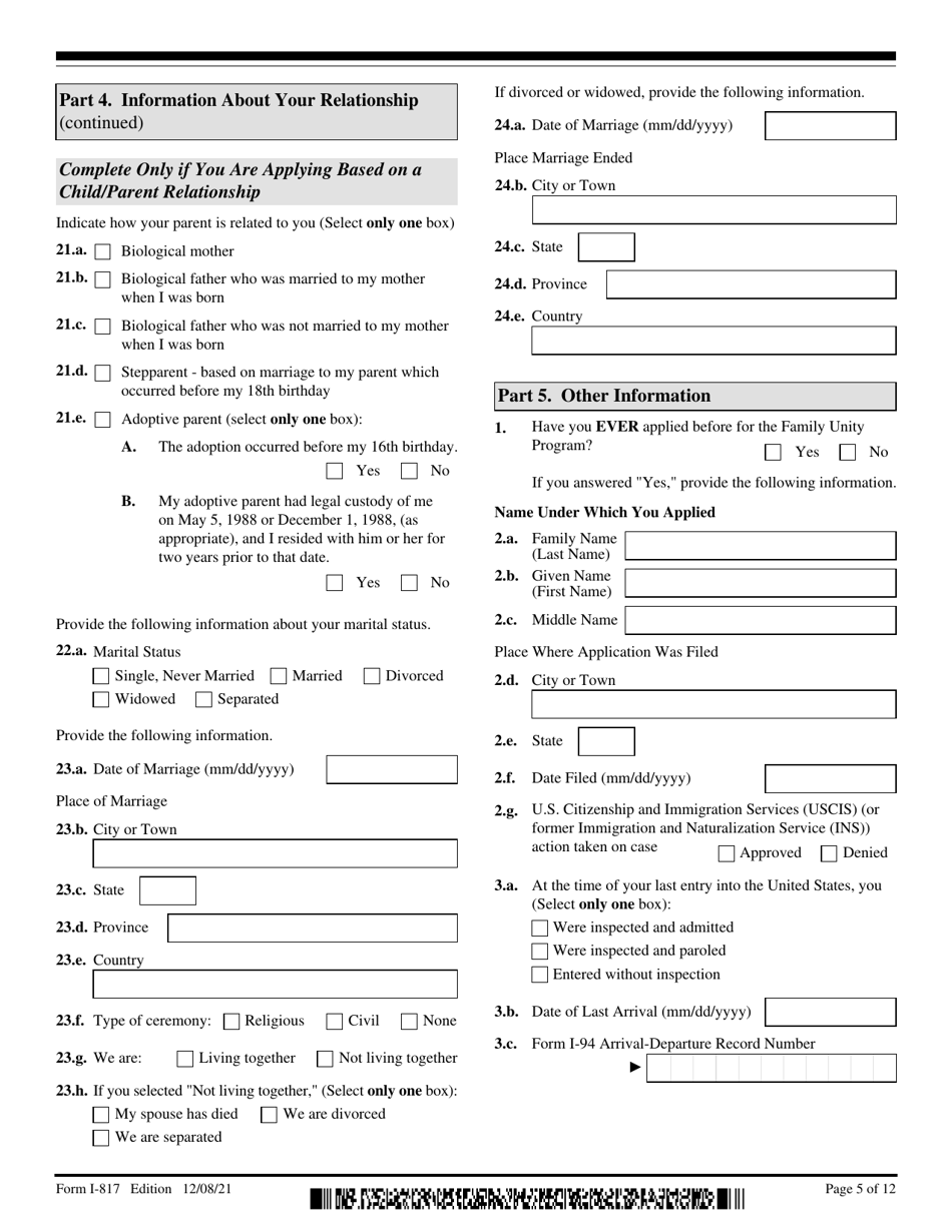 USCIS Form I-817 Application for Family Unity Benefits, Page 5