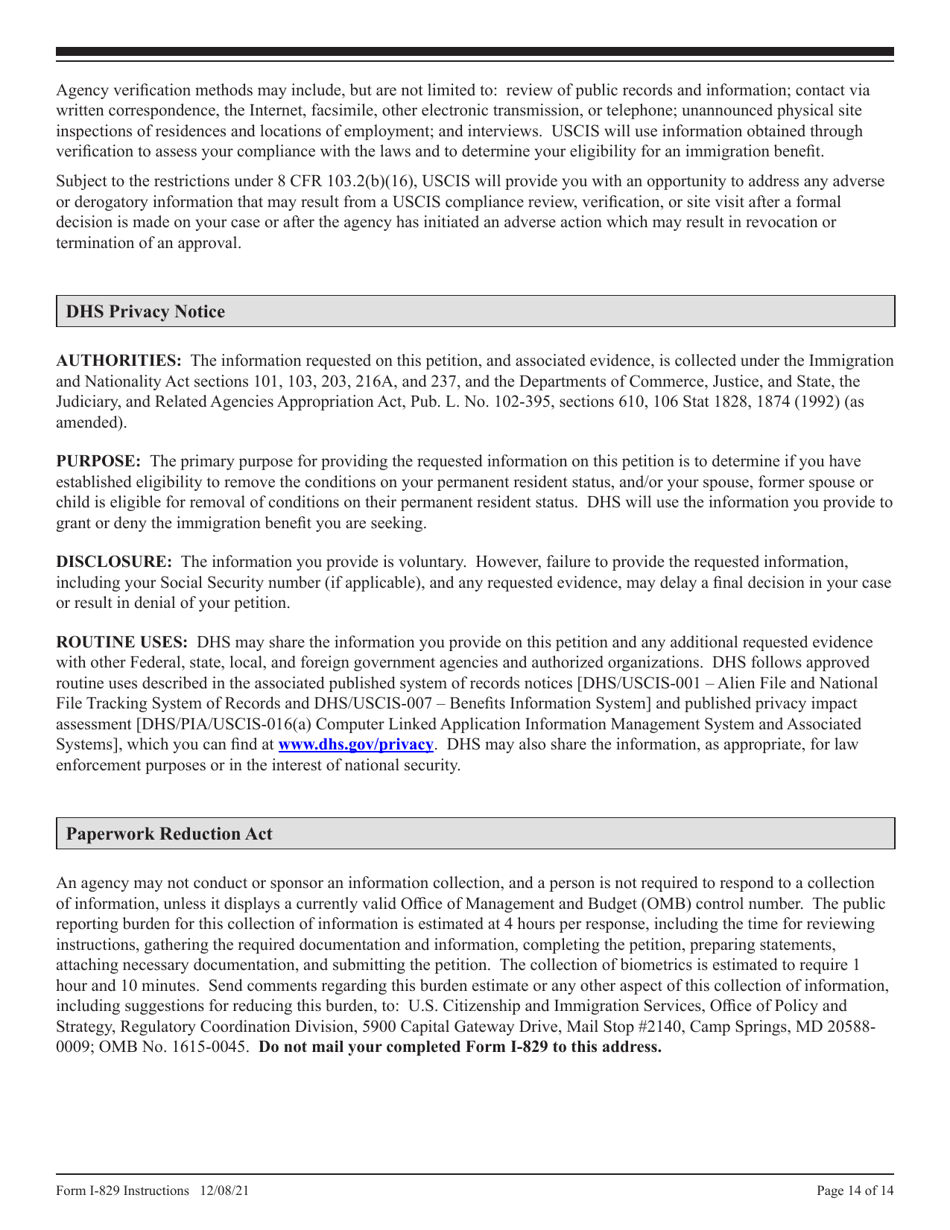 Instructions for USCIS Form I-829 Petition by Investor to Remove Conditions on Permanent Resident Status, Page 14
