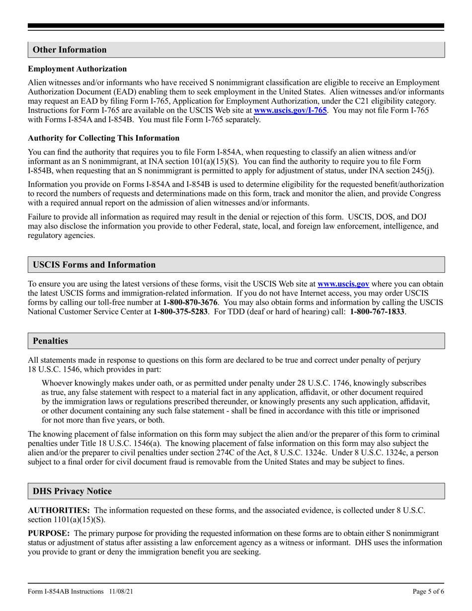 Instructions for USCIS Form I-854A, I-854B, Page 5