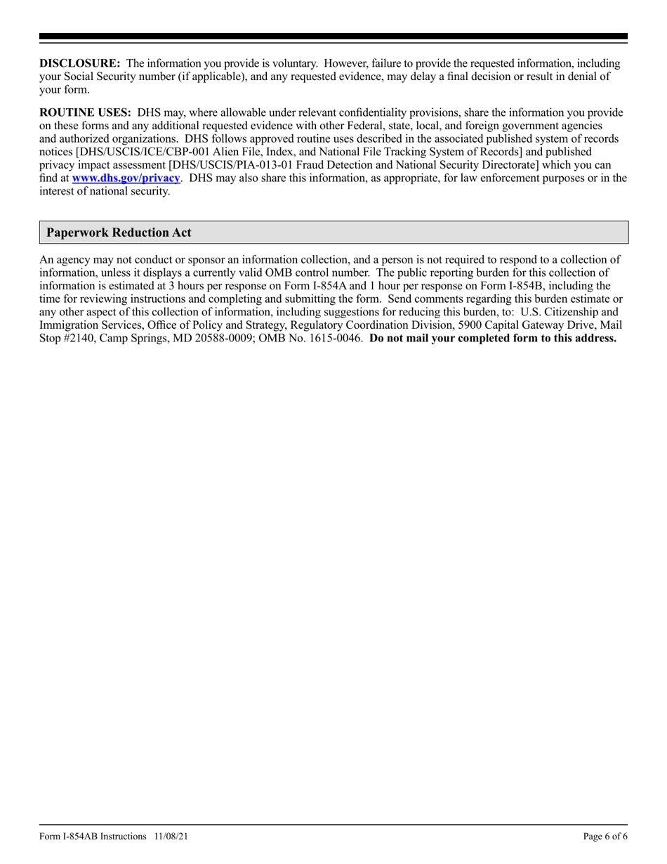 Instructions for USCIS Form I-854A, I-854B, Page 6