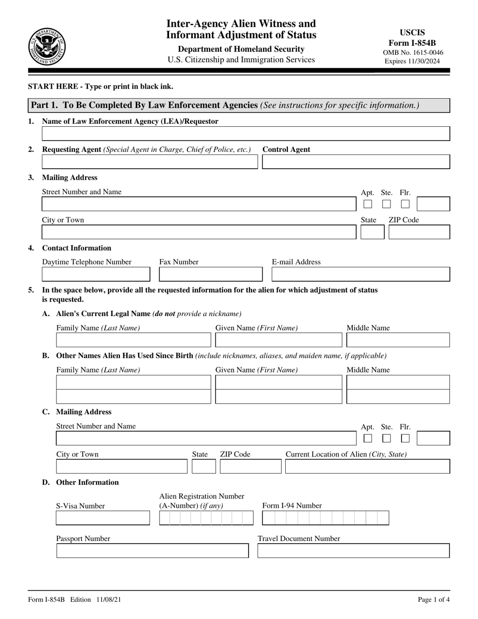 USCIS Form I-854B Inter-Agency Alien Witness and Informant Adjustment of Status, Page 1