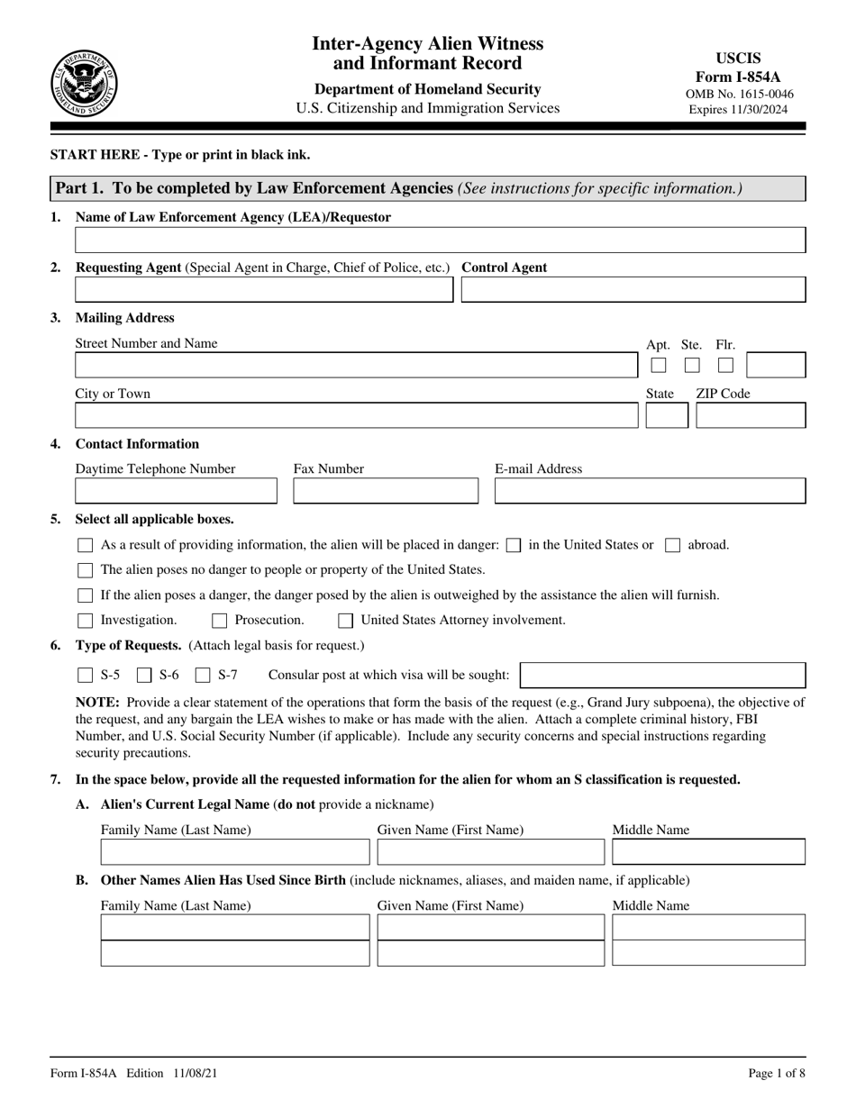 USCIS Form I-854A Inter-Agency Alien Witness and Informant Record, Page 1