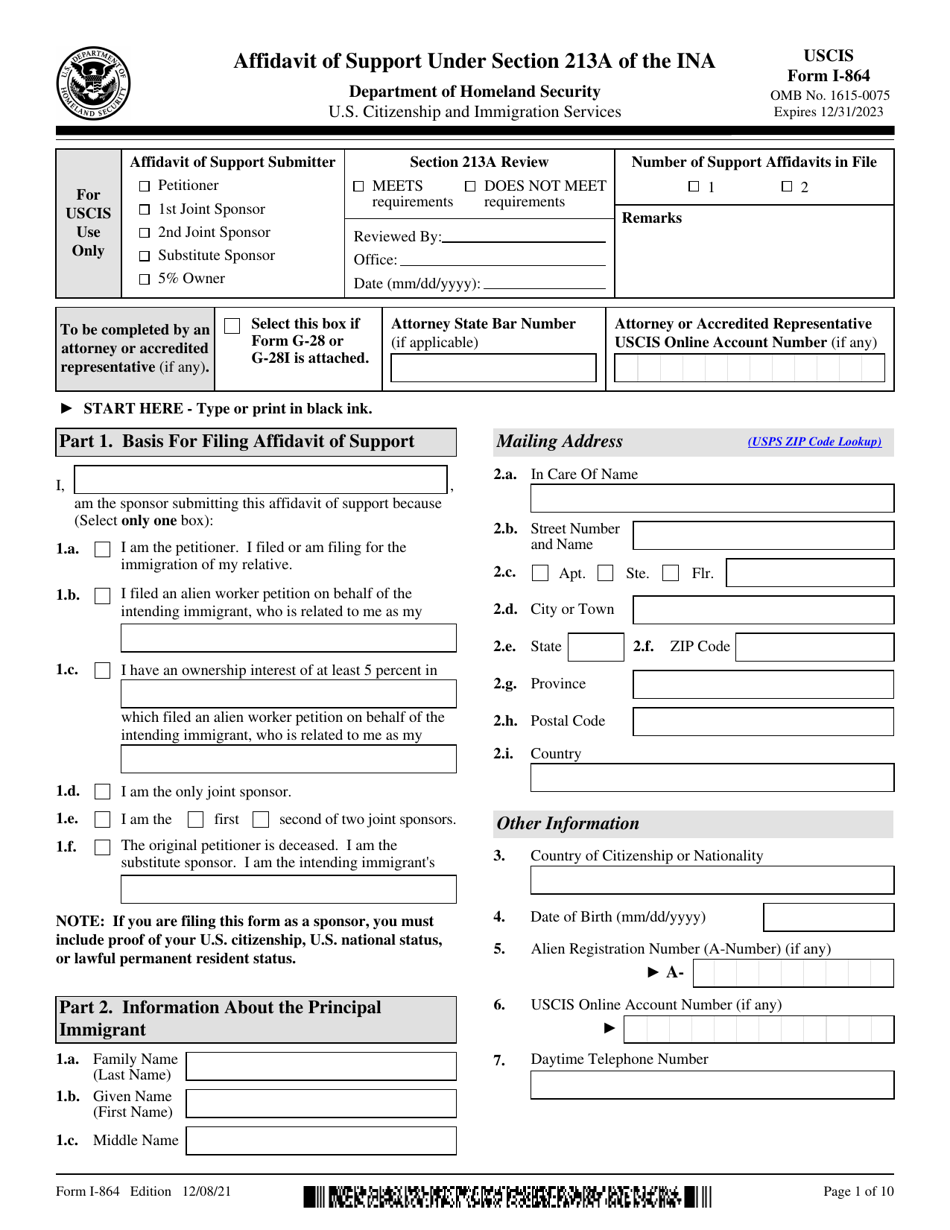 USCIS Form I-864 Affidavit of Support Under Section 213a of the Ina, Page 1