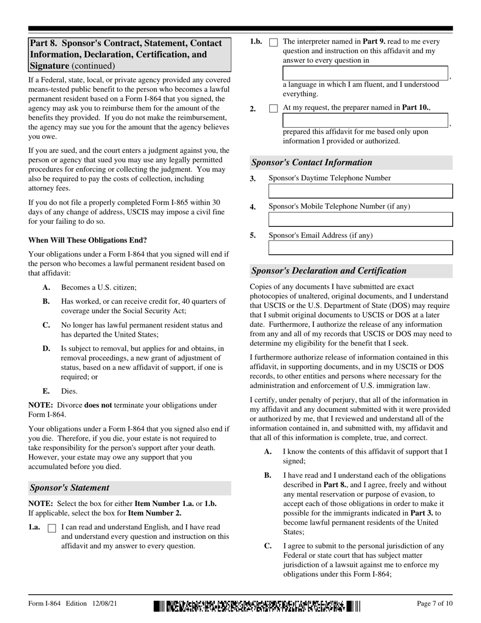 USCIS Form I-864 Download Fillable PDF Or Fill Online Affidavit Of ...