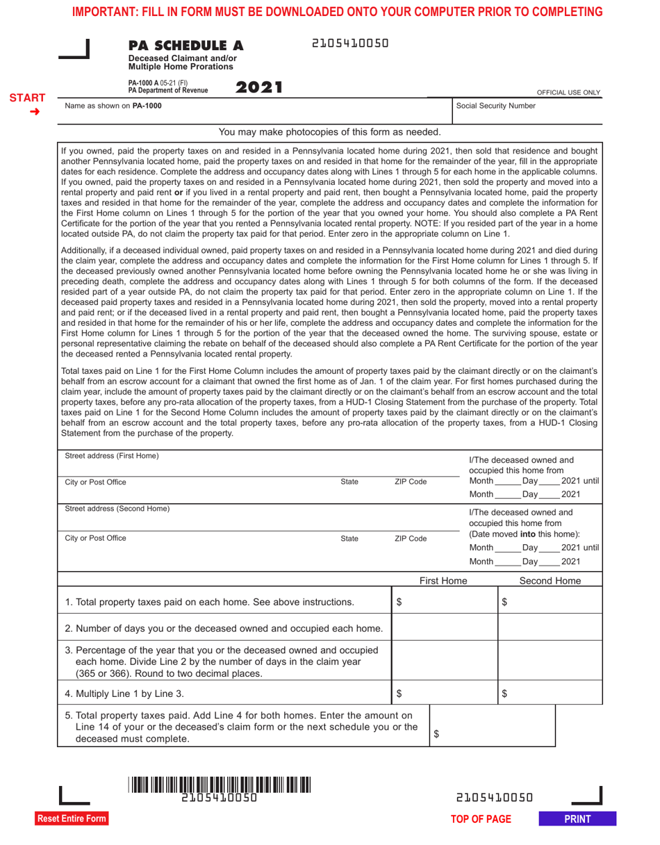 Form PA-1000 Schedule A Deceased Claimant and / or Multiple Home Prorations - Pennsylvania, Page 1