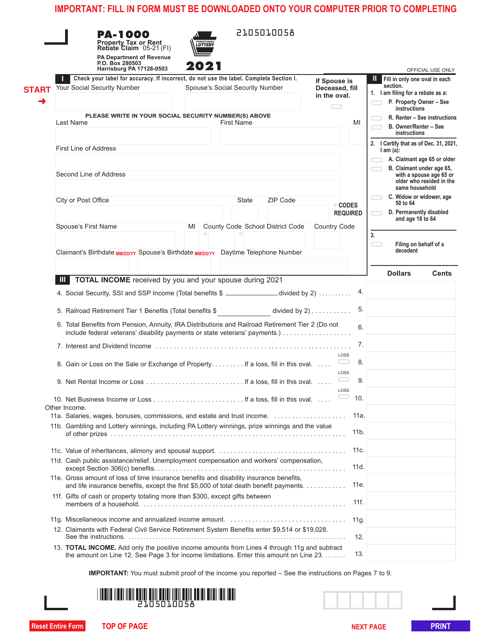 Form PA-1000 2021 Printable Pdf