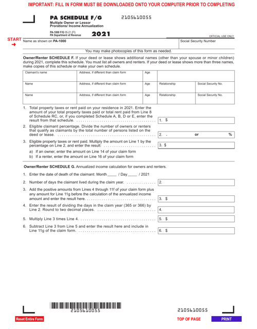 Form PA-1000 Schedule F, G Multiple Owner or Lessor Prorations/ Income Annualization - Pennsylvania, 2021