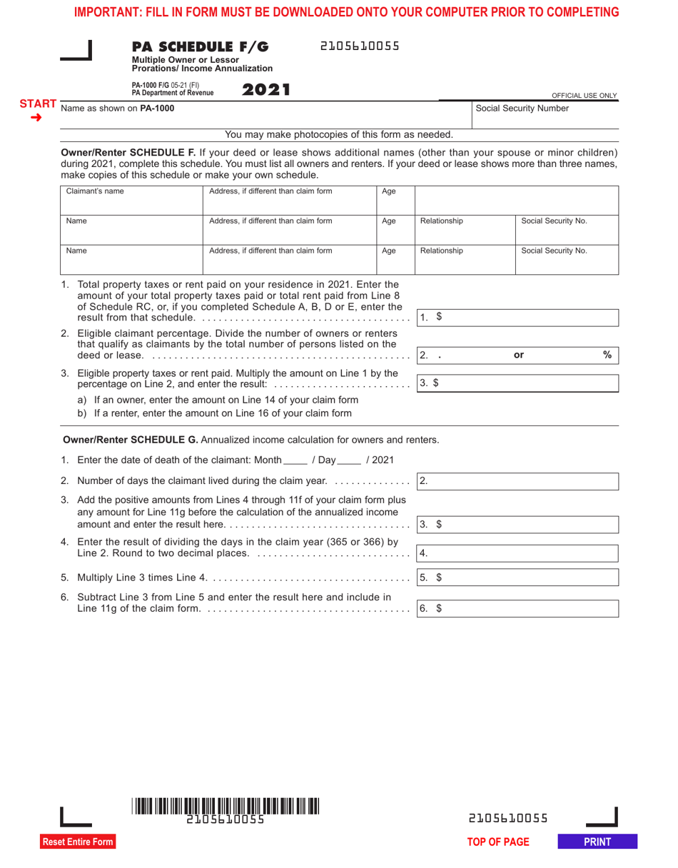 Form PA-1000 Schedule F, G Multiple Owner or Lessor Prorations / Income Annualization - Pennsylvania, Page 1