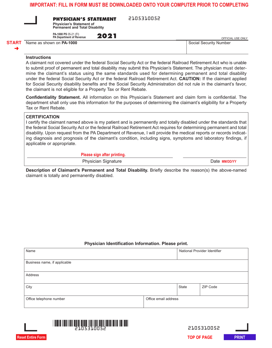 Form PA-1000 PS Physicians Statement - Pennsylvania, Page 1