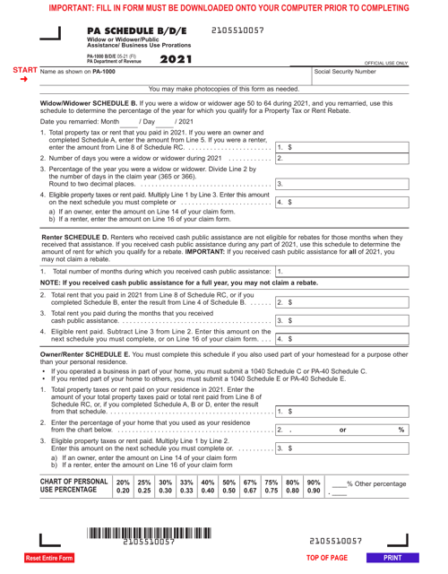 Form PA-1000 Schedule B, D, E Widow or Widower/Public Assistance/ Business Use Prorations - Pennsylvania, 2021