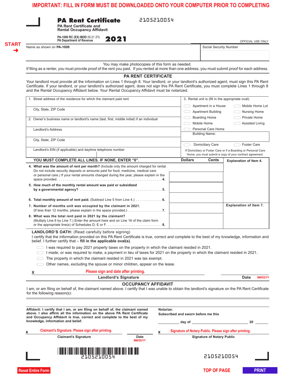 Form PA-1000 RC Pa Rent Certificate and Rental Occupancy Affidavit - Pennsylvania, Page 1