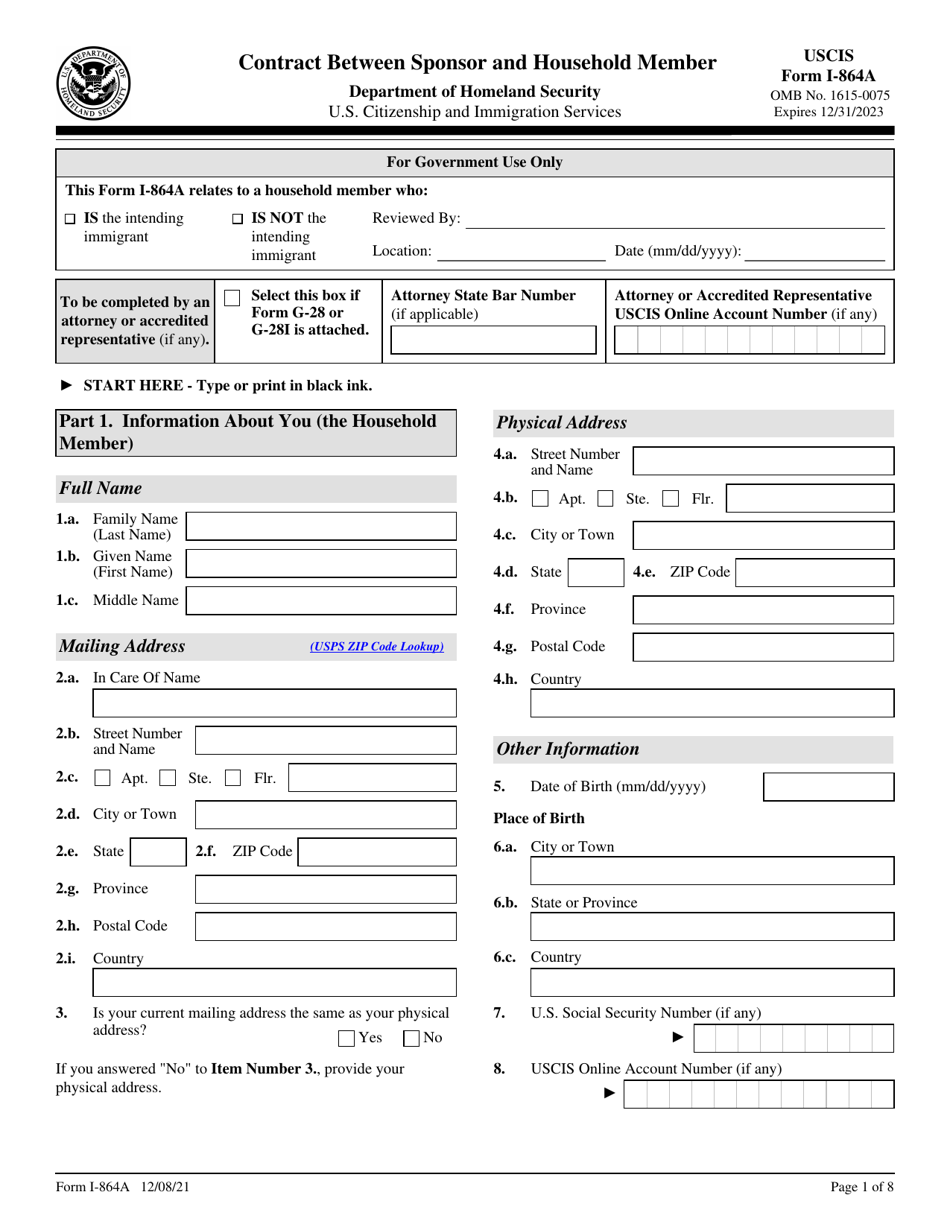 USCIS Form I-864A Contract Between Sponsor and Household Member, Page 1