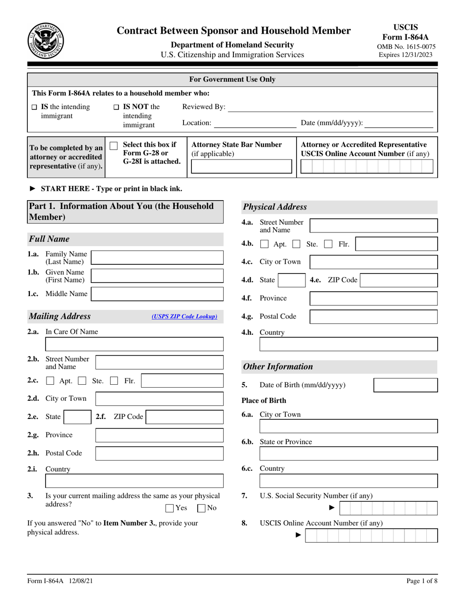 USCIS Form I-864A Download Fillable PDF or Fill Online Contract Between ...