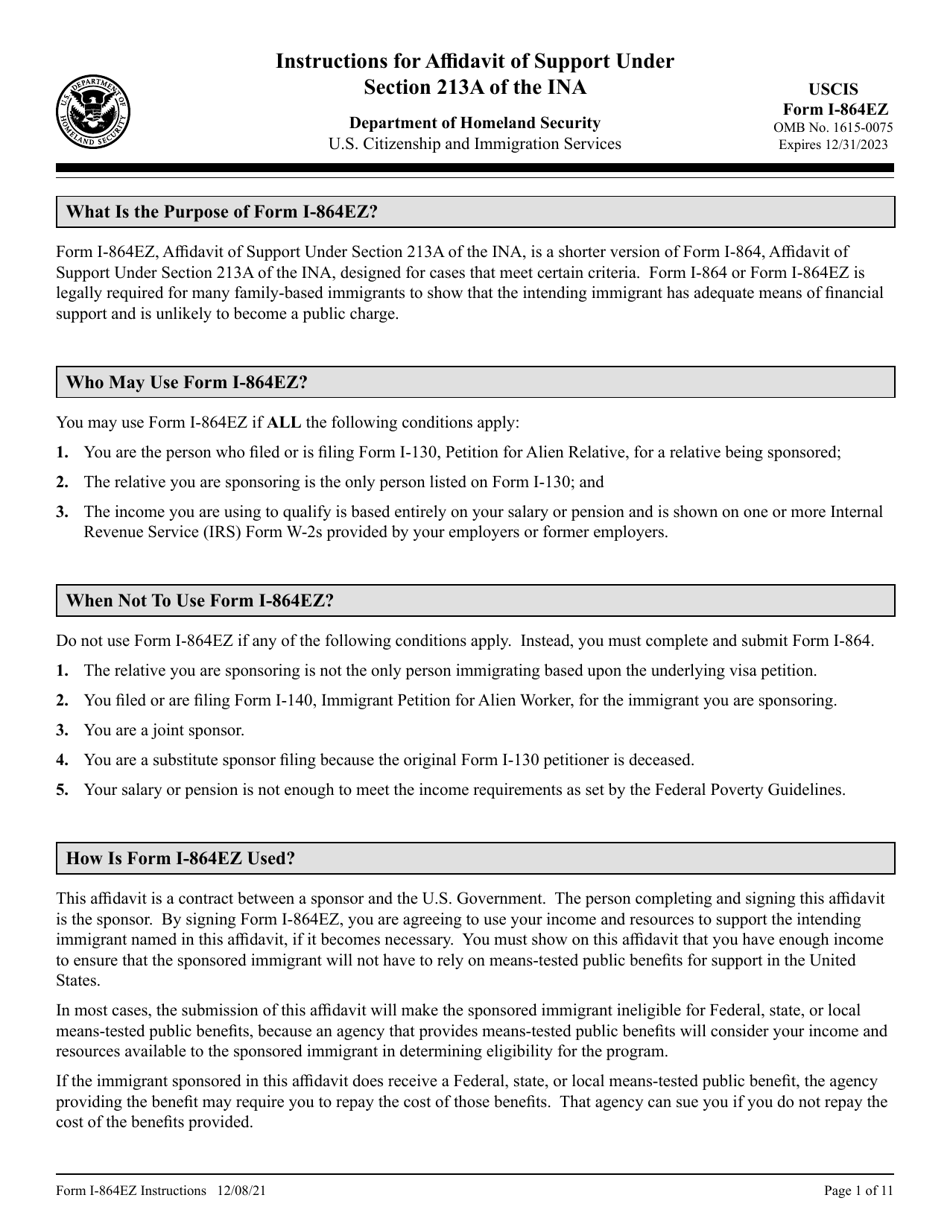 Download Instructions For USCIS Form I 864EZ Affidavit Of Support Under   Instructions For Uscis Form I 864ez Affidavit Of Support Under Section 213a Of The Ina Print Big 