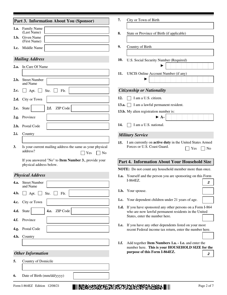 USCIS Form I864EZ Download Fillable PDF or Fill Online Affidavit of