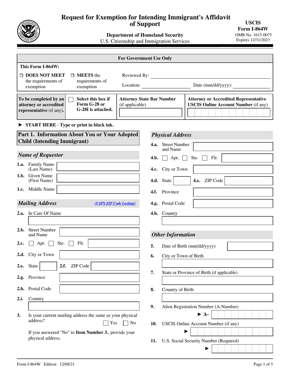 USCIS Form I864W Download Fillable PDF or Fill Online Request for