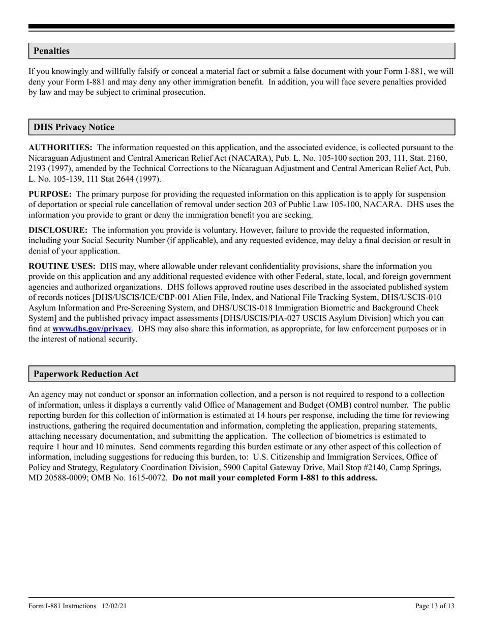 Instructions for USCIS Form I-881 Application for Suspension of Deportation or Special Rule Cancellation of Removal (Pursuant to Section 203 of Public Law 105-100, Nacara), Page 13
