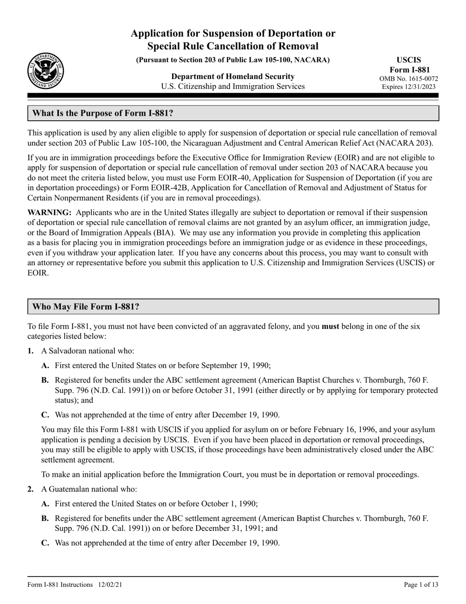 Instructions for USCIS Form I-881 Application for Suspension of Deportation or Special Rule Cancellation of Removal (Pursuant to Section 203 of Public Law 105-100, Nacara), Page 1